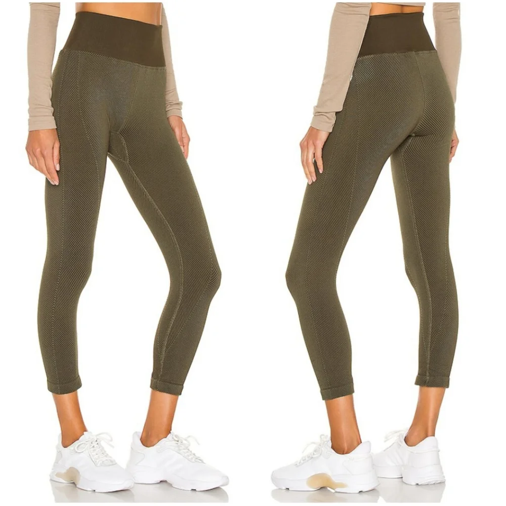 FP Movement Rewind Leggings Army Green Chevron Ribbed High Rise M/L